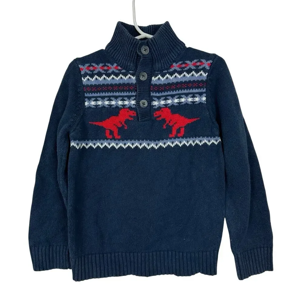 Childrens Place Sweater Boys 4T Navy Fair Isle Dinosaur Nordic Button Mock Neck